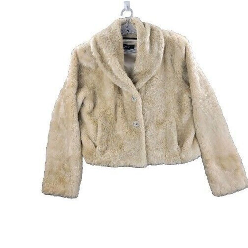 Vintage Black Rivet Faux Fur Jacket White Cream Womens XL 3 Snap Button‎ Coat